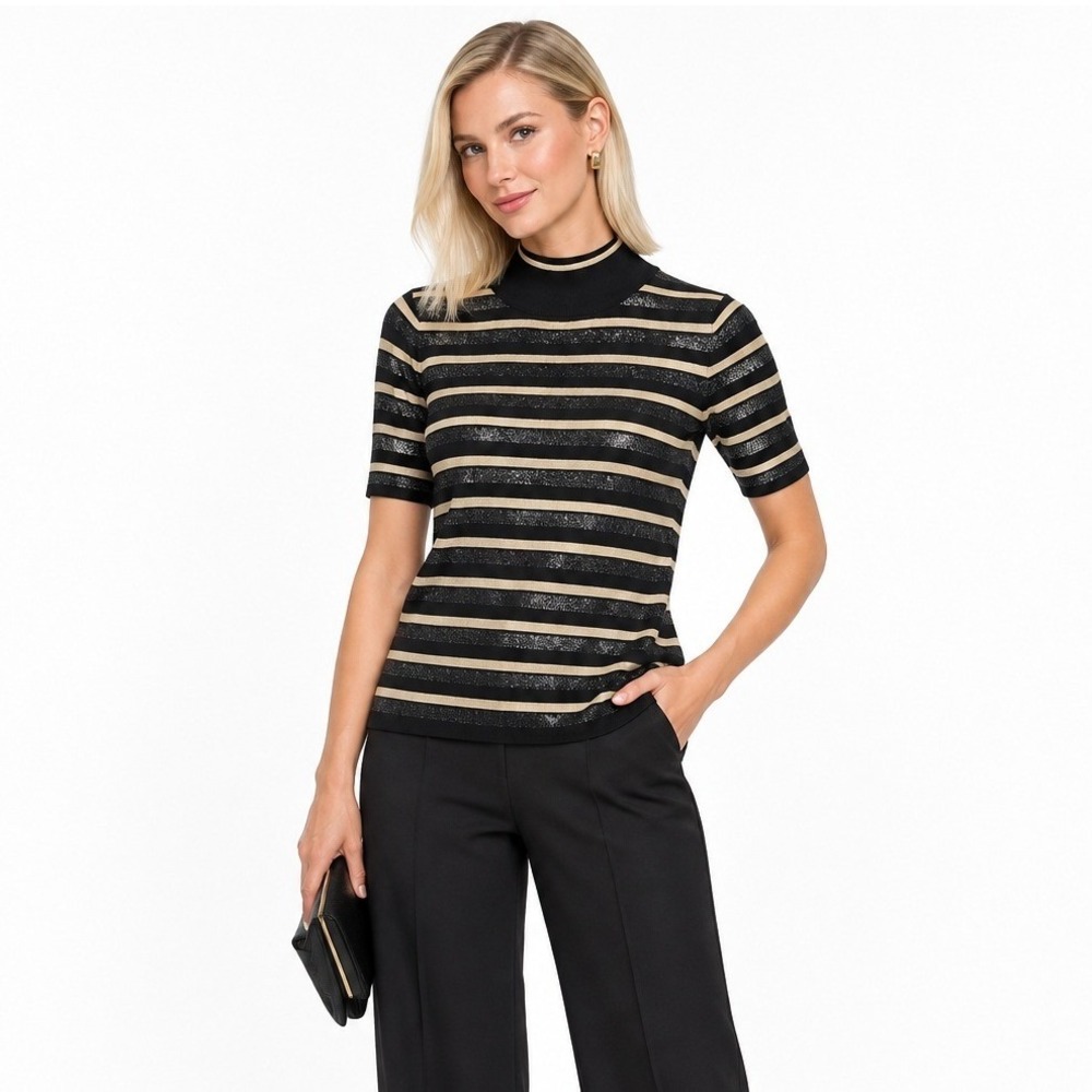Tahari Metallic Stripe Mock Neck Sweater S Black Gold Short Sleeve Holiday Glam